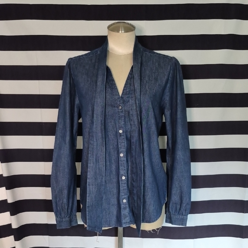 J Crew Tie Neck Medium Denim Shirt NWT - Picture 2 of 7